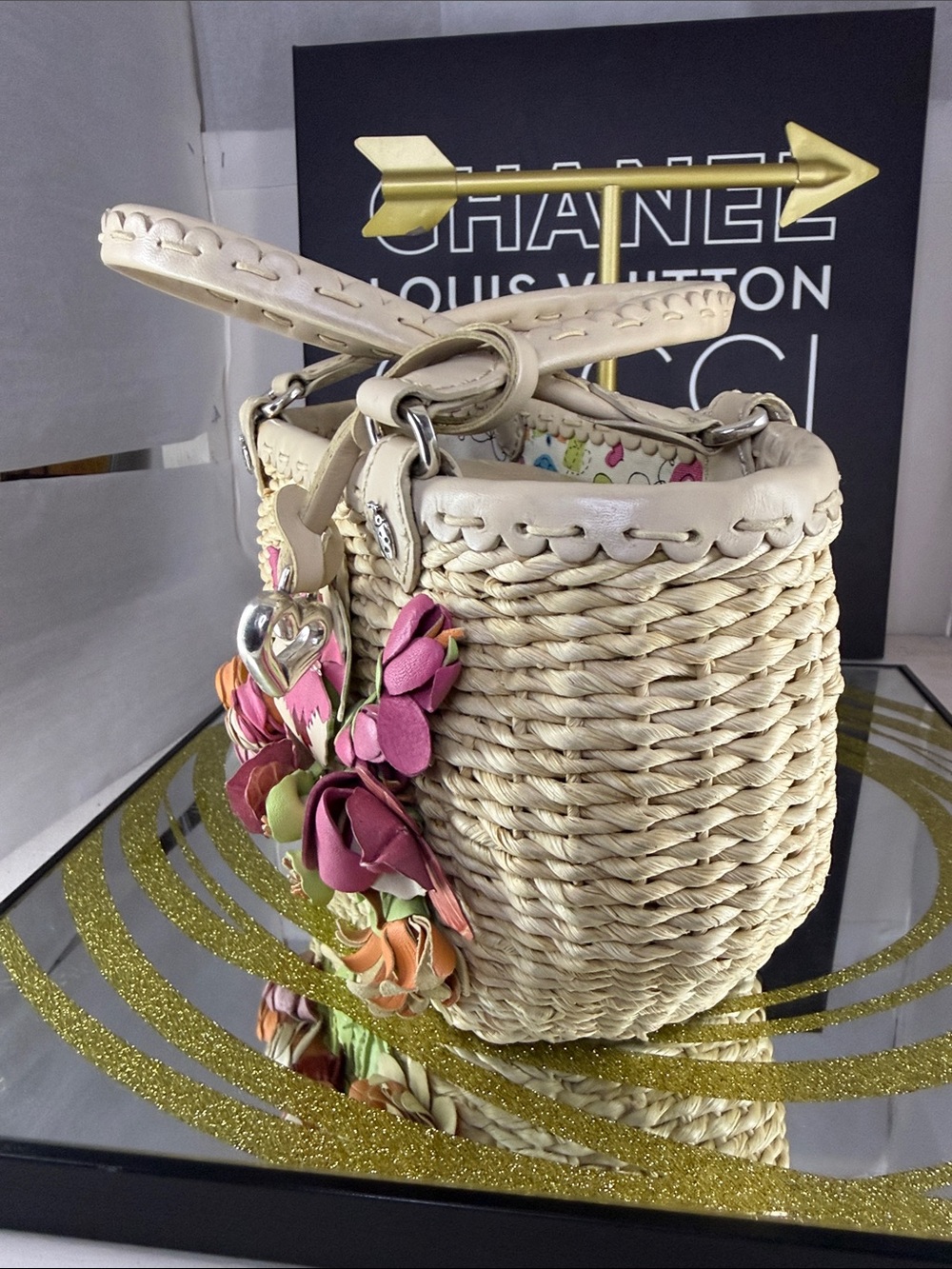 Brighton Cream Woven Tote with Multicolor Floral Appliqués - Picture 7 of 11